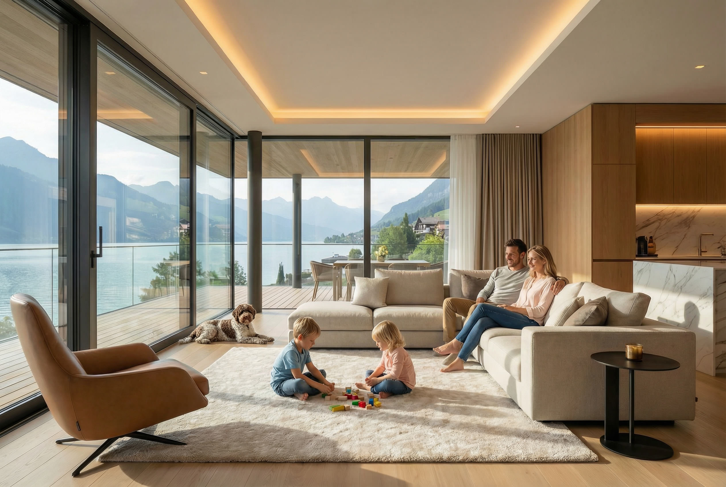 Familie in moderner Hotel-Suite mit Panoramafenstern und Blick auf See und Berge